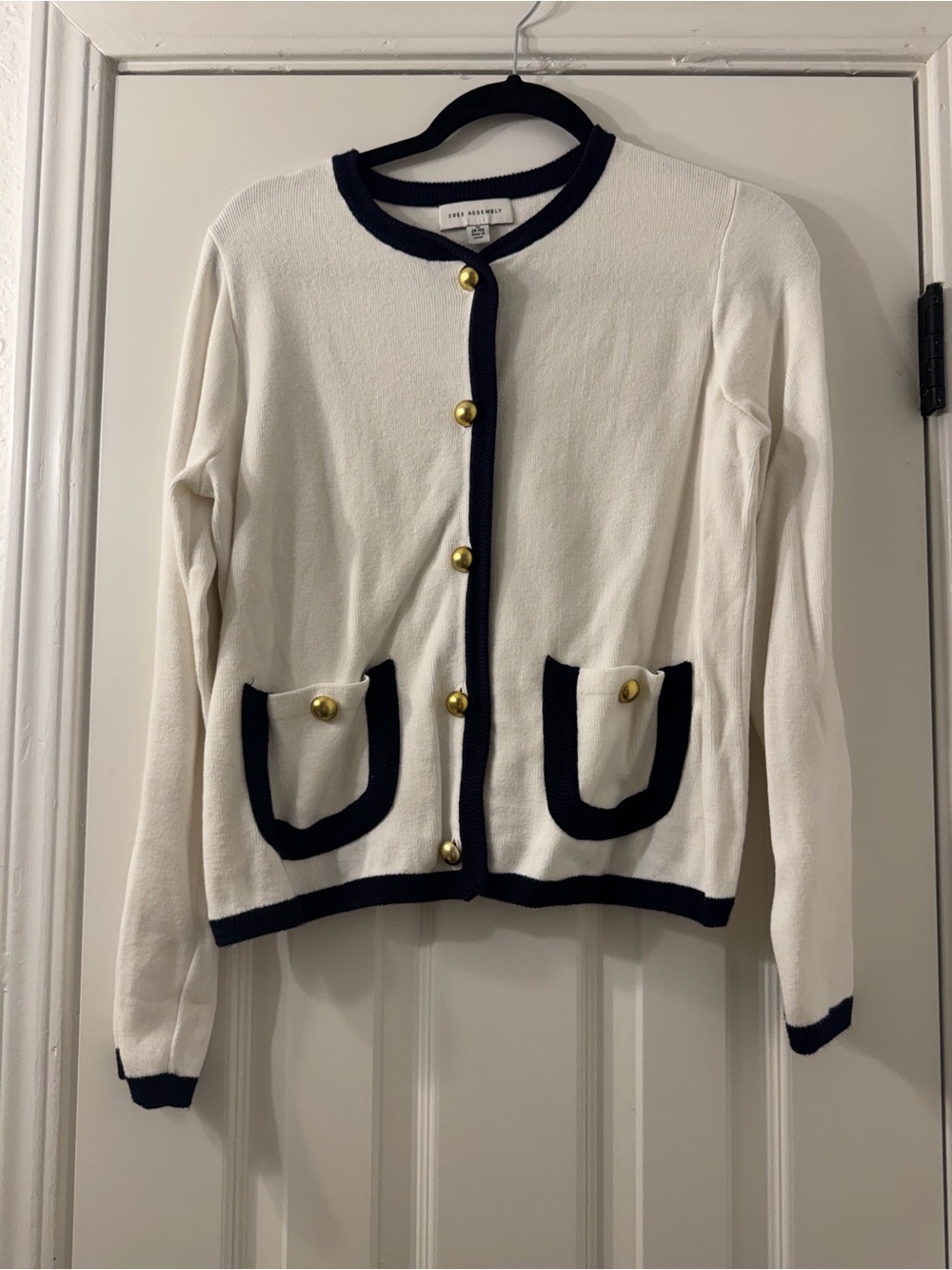 Three Dots Cream Cardigan with Navy Trim and Gold Buttons